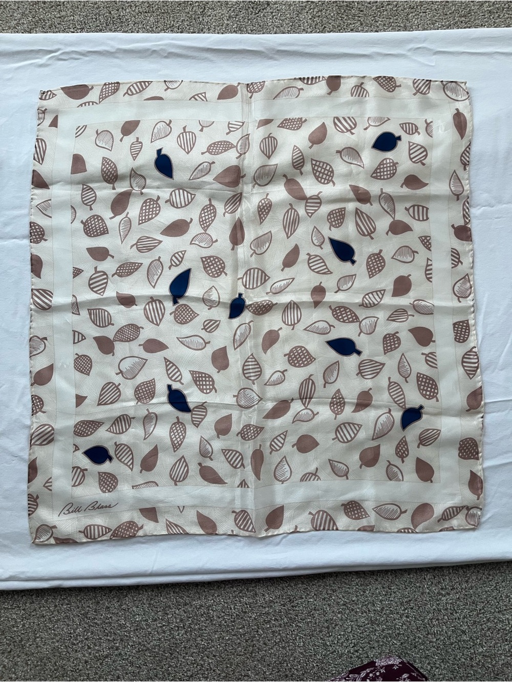 Vintage Beige Leaf Print Silk Scarf with Navy Accents by Bill Blass
